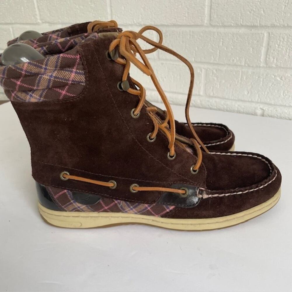 Sperry Top-Sider Shearwater Brown Suede Plaid Duck Boots Women's Size 8 Preppy - Picture 8 of 9